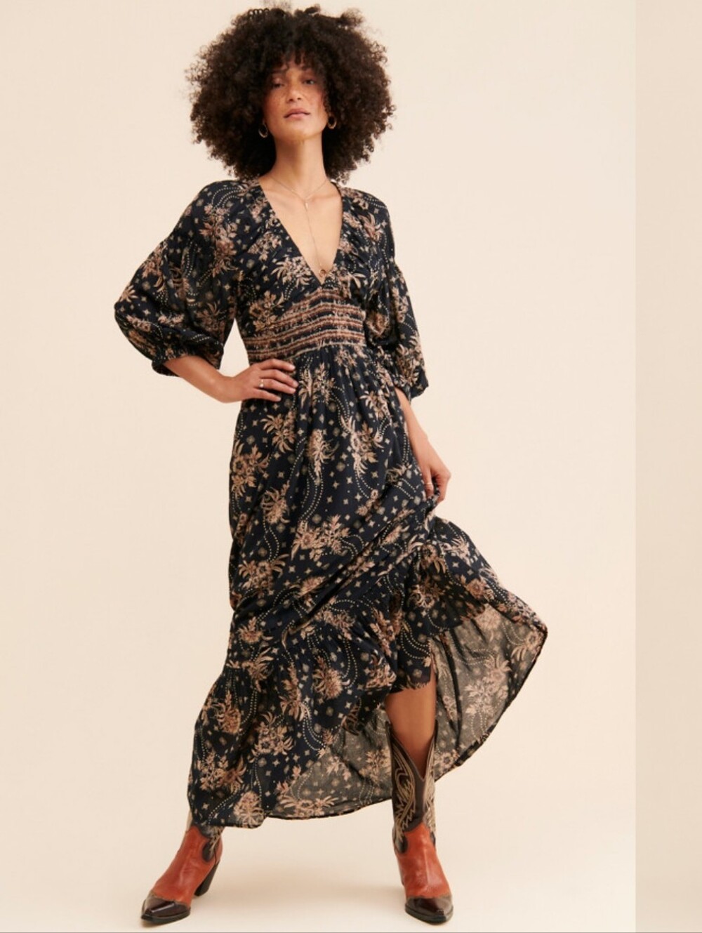 Free People Boho Floral Black Maxi Dress with Smocked Waist. Worn Once.